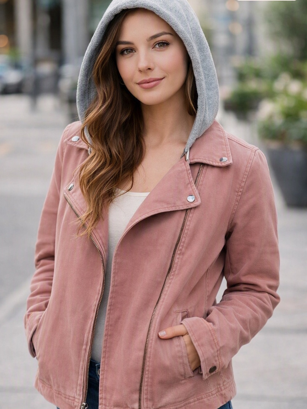 Marrakech Hooded Moto Jacket in Dusty Rose